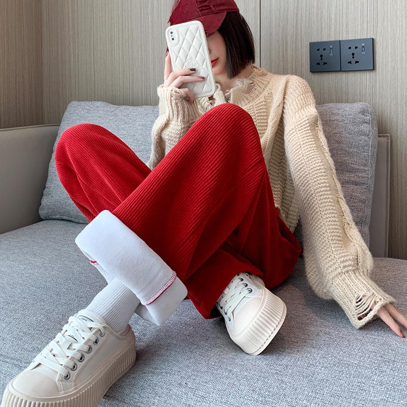 Autumn Straight Casual Loose Wide Leg Pants Women Fashion Winter High Waist Velvet Chenille Pants Ladies Elegant Drawstring Corduroy Trousers 25697