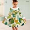 Girls Faux Fur Trim High Neck Long Sleeve Geometric Printed A Line Flared Dress