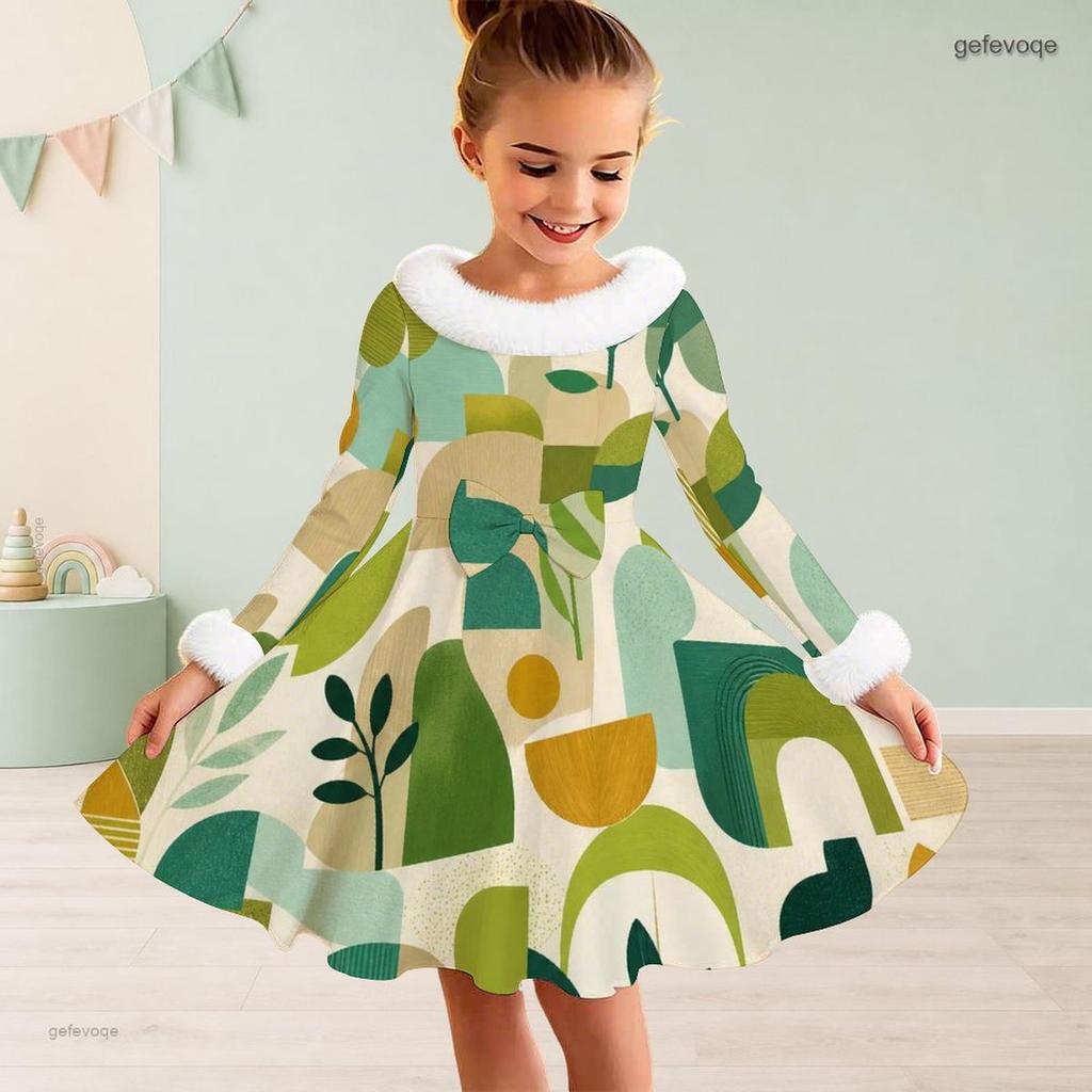 Girls Faux Fur Trim High Neck Long Sleeve Geometric Printed A Line Flared Dress