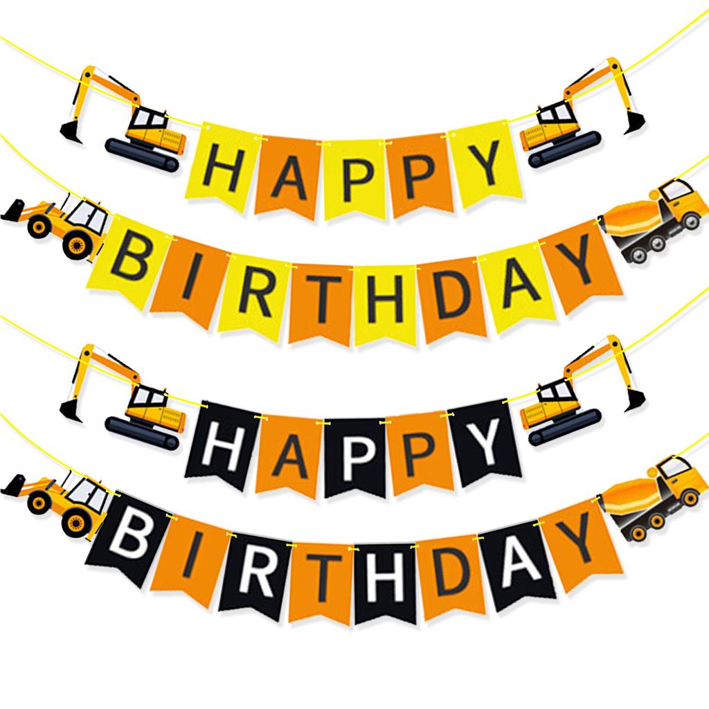 Children'S Party Decoration Cartoon Excavator Birthday Flag Construction Vehicle Excavator Pull Flower Spot Custom