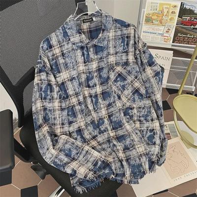 Veste chemise à carreaux vieillie 2024 avec patchs brodés - Design à bords bruts, style High Street, parfaite pour le printemps et l'automne.