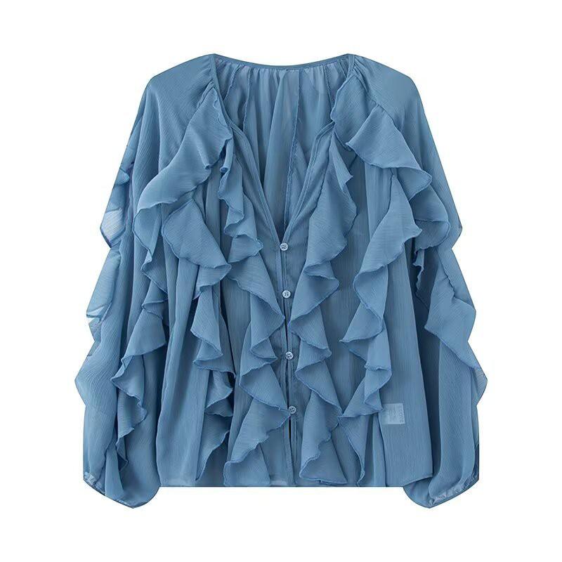 Womens V-Neck Layered Ruffle Pleated Blouse Loose Fit Street Style Long Sleeve Shirt In Solid Colors