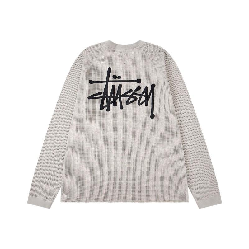 Mens Oversized Waffle Knit Long Sleeve Tee With Washed Print Soft Cotton Blend Winter Casual Wear