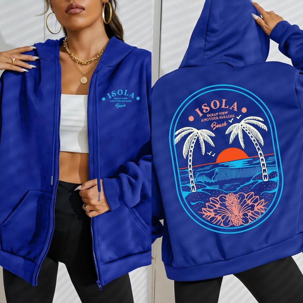 Isola Beach Blue Word Printing Zipper Hoodies Women Casual Pocket Hoody Loose Streetwear Fleece Autumn Clothing