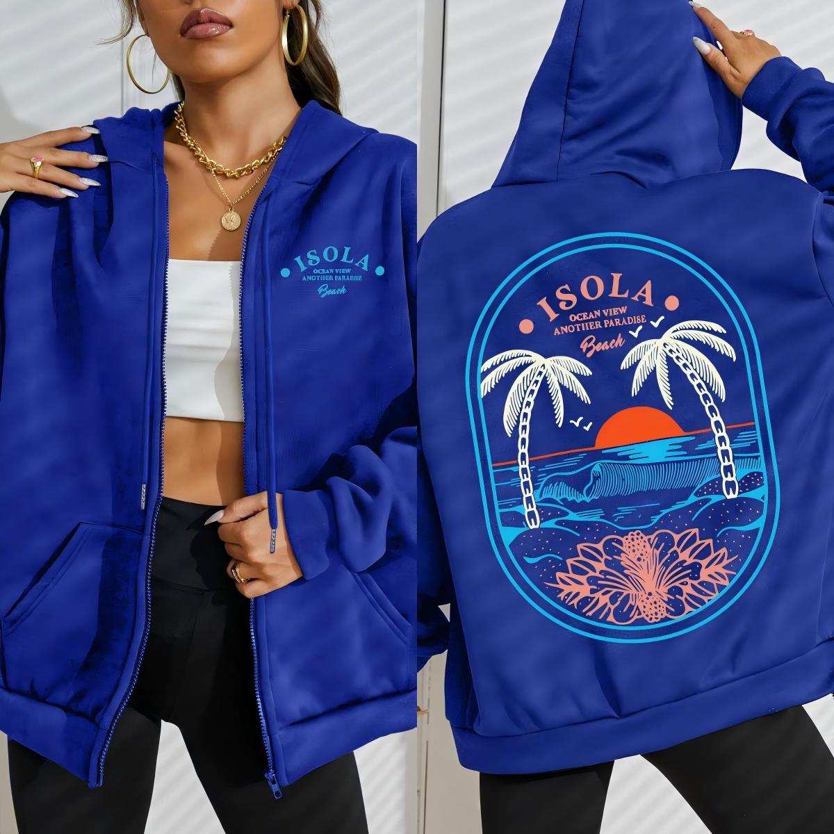 

Isola Beach Blue Word Printing Zipper Hoodies Women Casual Pocket Hoody Loose Streetwear Fleece Autumn Clothing S