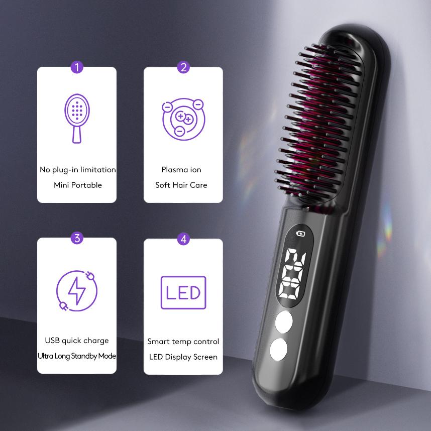 Portable Electric Hair Brushes USB Rechargeable Wireless Negative Ion Hot Comb Electric Mini Hair Straightener Comb for Women