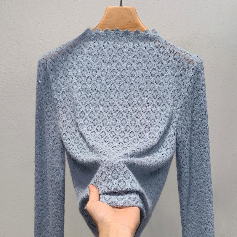 

Базовая рубашка с полуводолазкой для женщин, новая женская кружевная рубашка в стиле ретро, слегка прозрачная внутренняя часть талии, топ с длинными рукавами 3XL синий