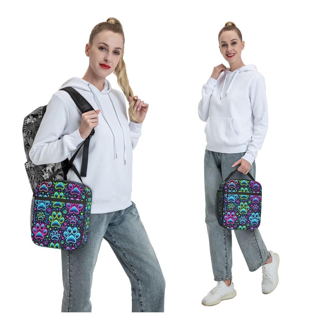 Colorful Neon Dog Paw Pattern Insulated Lunch Bag for Women Children Portable Food Boxes Thermal Lunch Box Tote