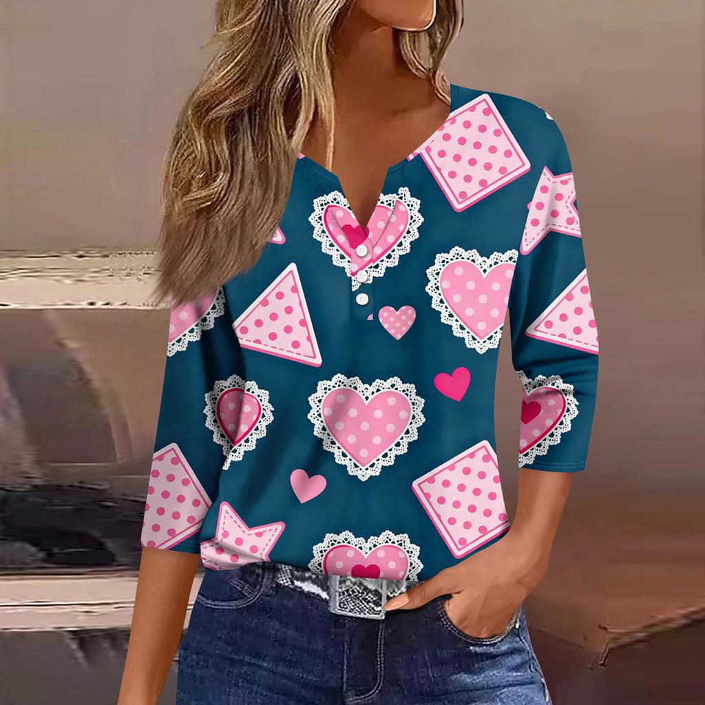 Women's Fashion Button-Up V-Neck Three-Quarter Sleeve Valentine's Day Print Top