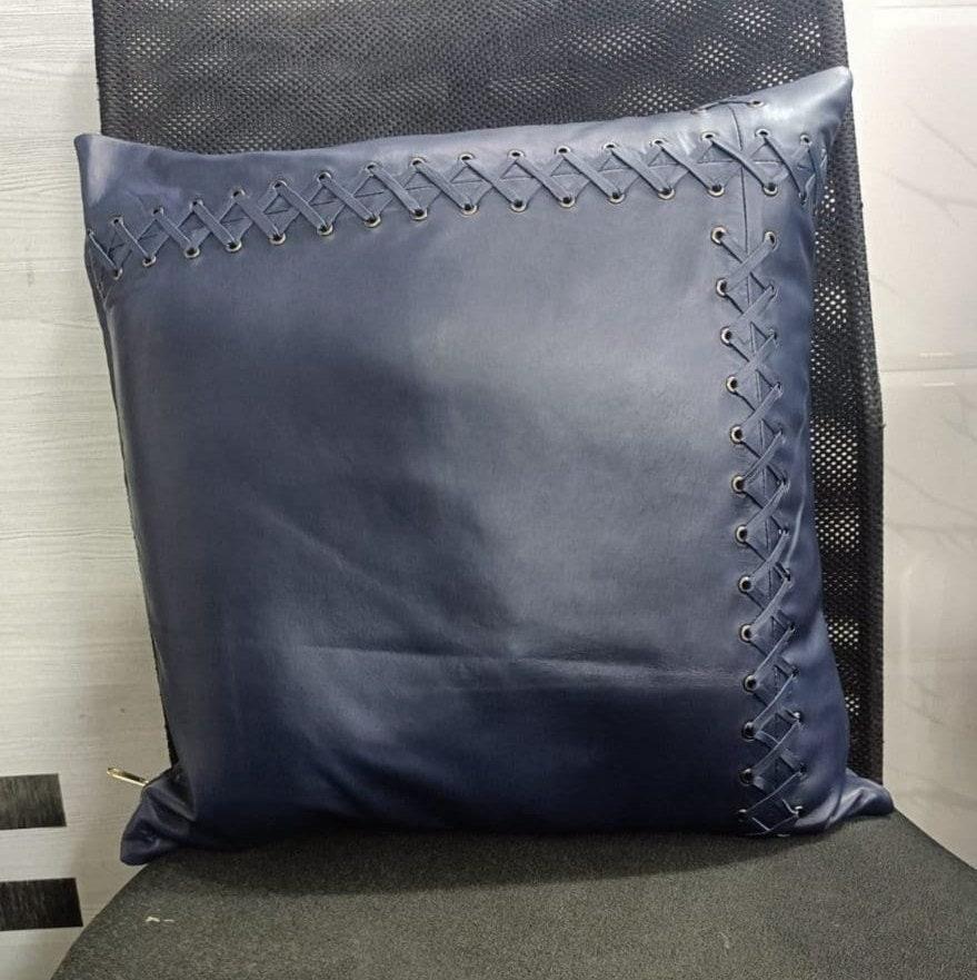 Lambskin Leather Pillow Cover -Navy Blue | Square Cushion Cover | BRAIDED Leather Throw Case Cover For Sofa Décor CRISS Crossed Laced - BLUE