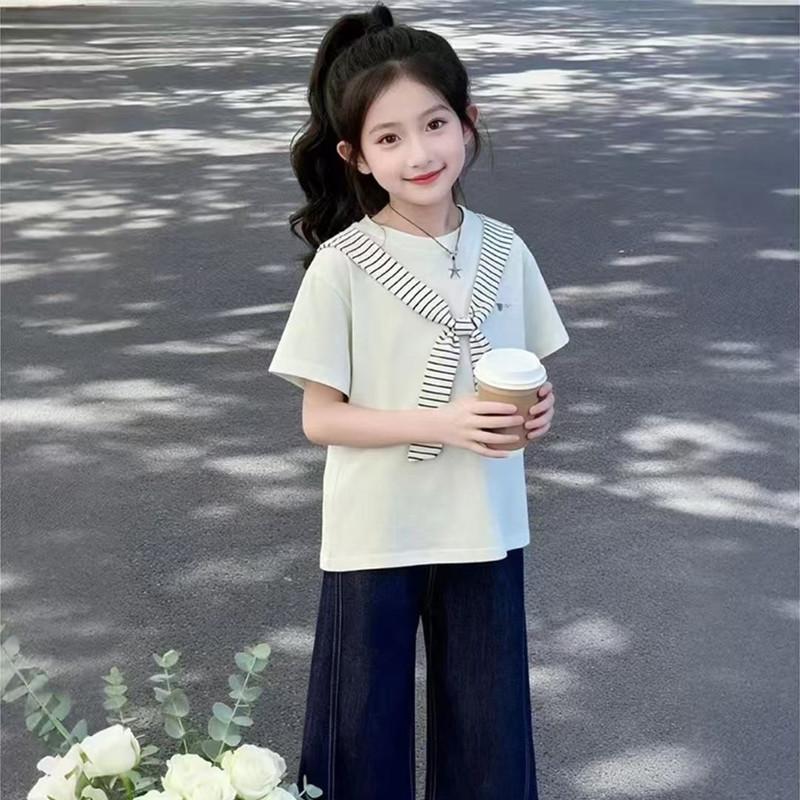 Girls Summer Navy Cape Short Sleeve T Shirt With Bow Tie Round Neck Top For Big Kids Students