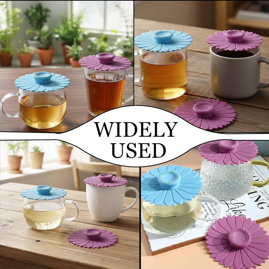 Sunflower Silicone Coffee Cup Lids (Set of 4) – Multicolored Silicone Cup Covers for Drinks, Flexible and Spill-Proof Cup Covers for Mugs, Tea