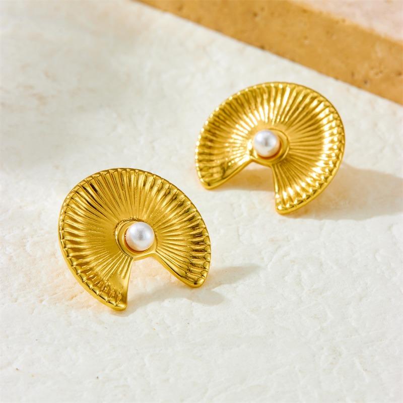 Gold Fan Shaped Stud Earrings with Pearl Center for Women