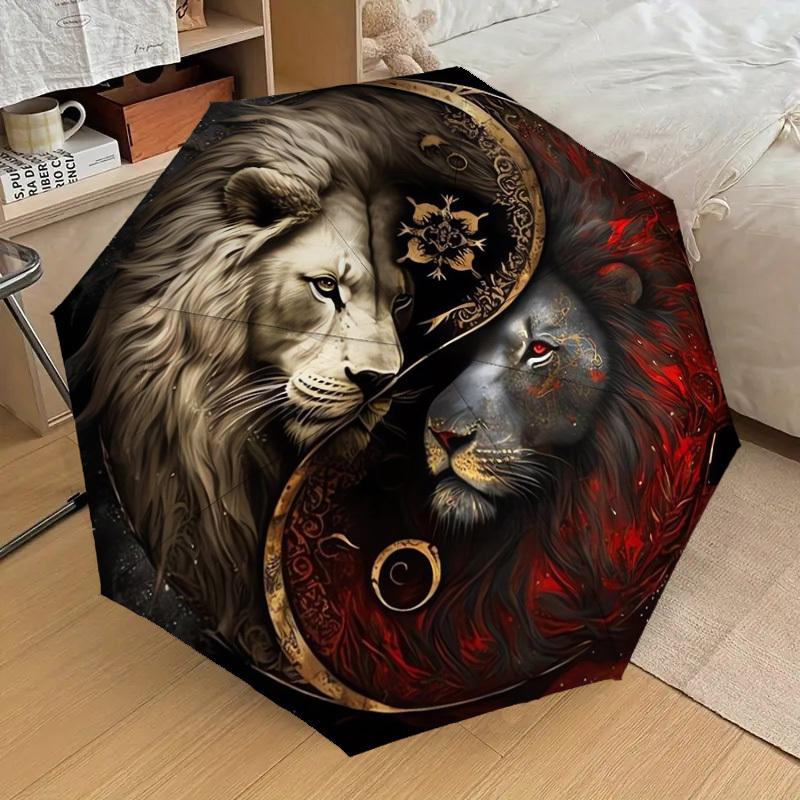 1pc Yin-Yang Lions: Harmony in Contrast Umbrella with Plastic Handle,Suitable for All Seasons Home Travel Outdoor UmbrellaDD576