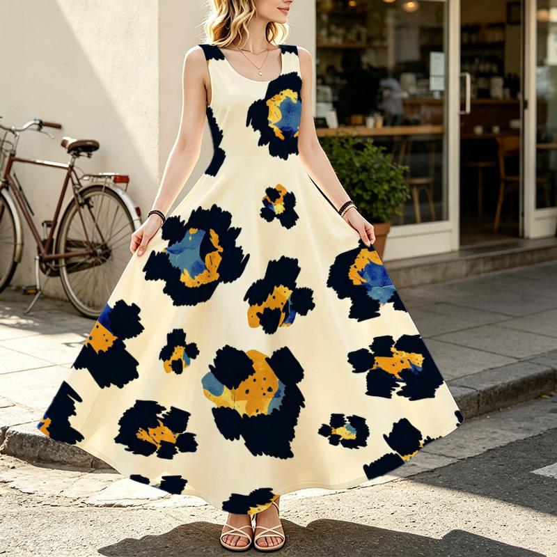 A-Line Sleeveless Maxi Dress,Loose Fit Lightweight Big Floral Design,Versatile Casual Dress for Daily,Outdoor,Vacation,Ideal for Spring Fall Layering