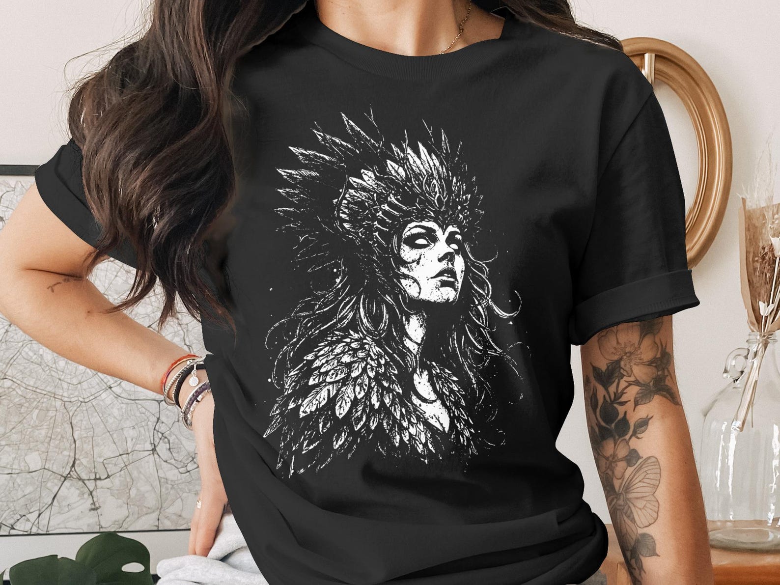Dark Fantasy Goddess T-Shirt, Witchy Woman Forest Witch Tee, Pagan Gift, Mystic Nature Spirit Graphic Shirt XL