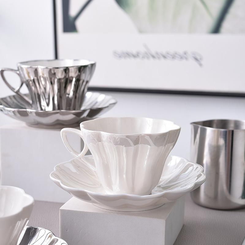 Silver Shell Ceramic Cup Coffee Mug Petals Pearl Glaze Set of Cups and Saucers Afternoon Tea Ceramic Mugs Tea Cup Set