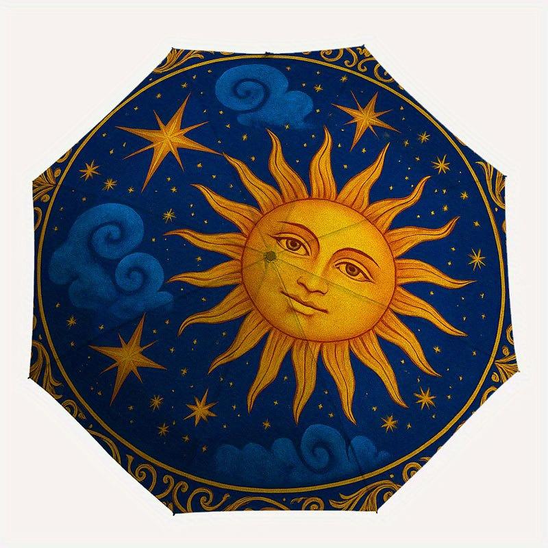 Golden Sun and Stars Circular Wall Art Decor Umbrella, Cute Umbrella with Cute Design, Portable 3-Fold Compact Umbrella for Men & Women, Valentine's D