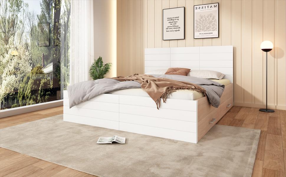 Wooden Bed System 160x200cm with 2 Drawers, Modern Bed incl. Bed Frame & Slatted Frame - 207x80x165cm (LxHxW) Set in Oak/White (With Mattress)