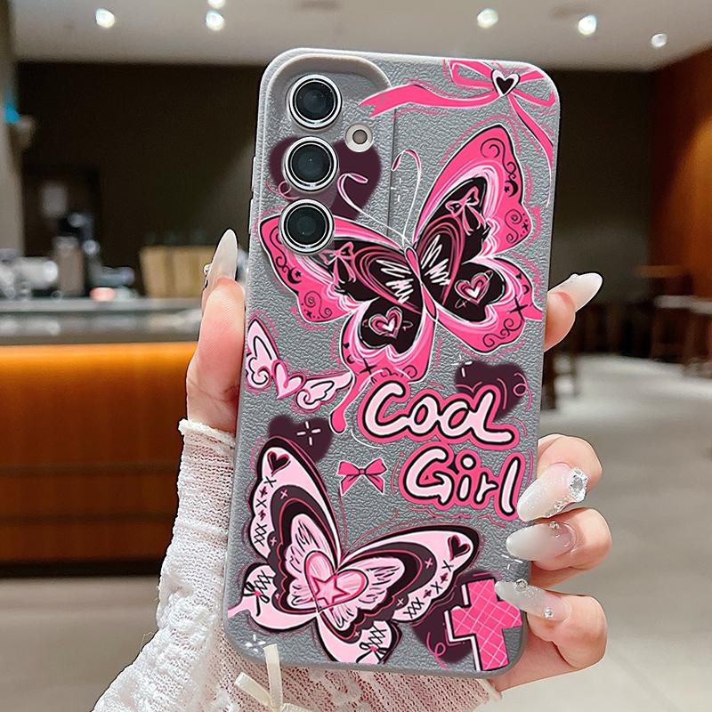 Cool Girl Butterfly Painting Case For Samsung S26 S25 S24 Ultra S23 S22 S21 FE A15 A16 A17 A26 A35 A36 A37 A54 A55 A56 A57 5G Leather Texture Cover