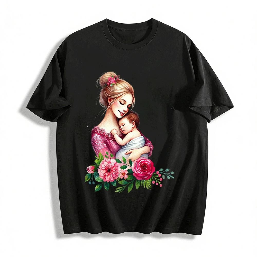 Floral Print Mom Holding Baby Casual Parent-child Top Pure cotton T-shirt XXS