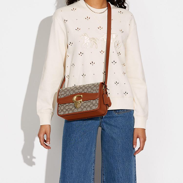 Coach Studio 25 Flap Lock Adjustable Shoulder Strap Jacquard And Glove Tanned Leather Shoulder Bag Crossbody Bag Medium Women Shoulder Bag C7933-B4TA7