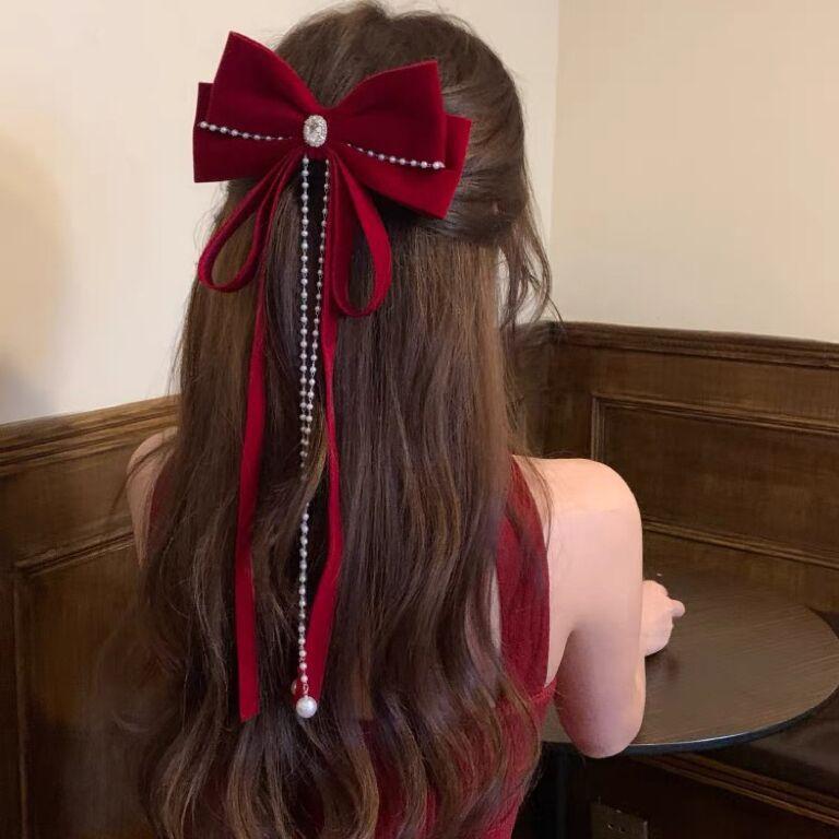 

Осенне-зимняя заколка-бантик с жемчугом и серпантином для волос Женская заколка-заколка для волос Затылок Новогодние красные аксессуары для волос Головной убор принцессы