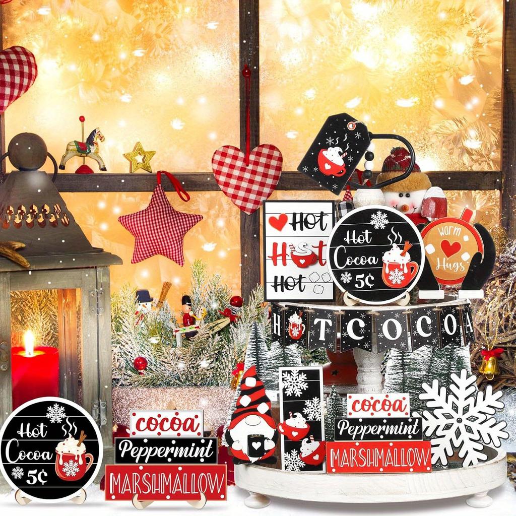 17 Pcs/set, Christmas, Tiered Tray Decorations, Hot Cocoa Bar Supplies, Christmas Signs, Winter Tiered Tray, Decorative Set
