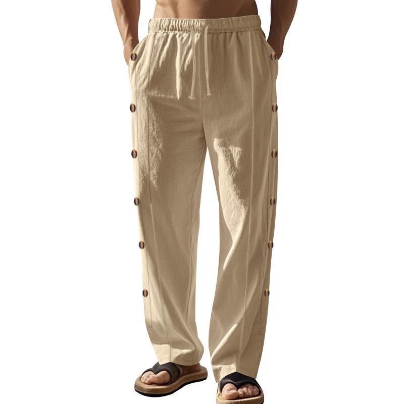 European and American Linen Pants Spring and Autumn Style Drawstring Waist Side Buckle Solid Color Daily Men's Pants Casual Straight Pants