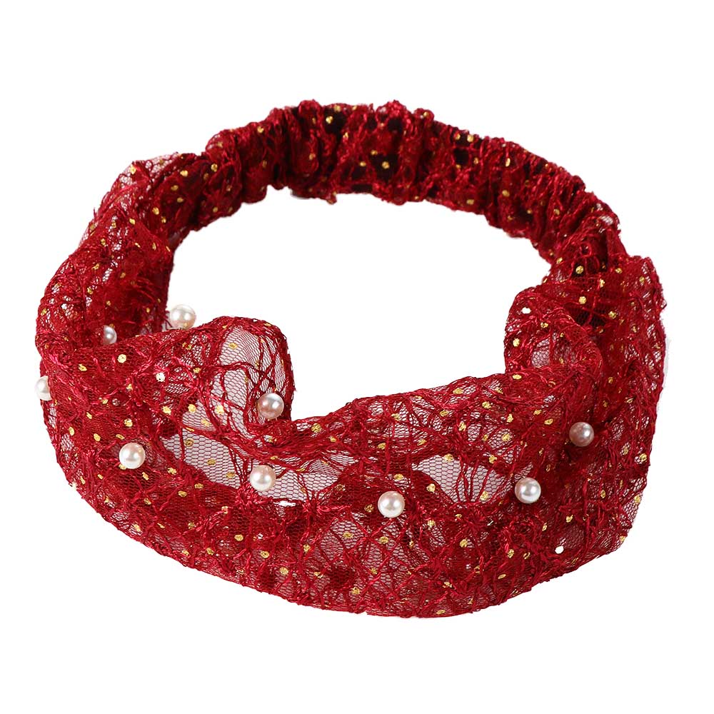 

Elegant Elastic Flower Girls Hollow Headdress Korean Style Hairbands Pearl Turban Headband Women Head wraps вина червоного кольору