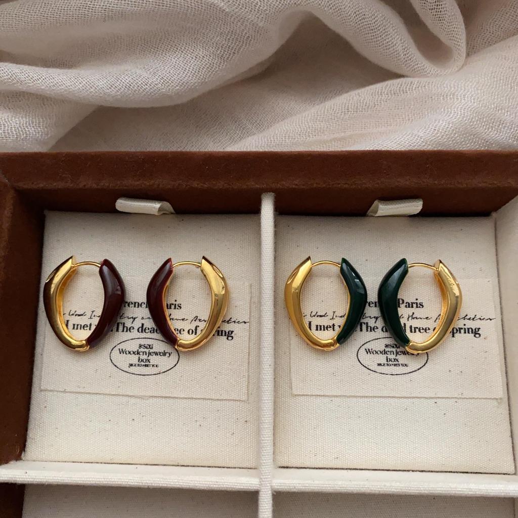 Retro Contrast Color Drip Oval Ear Buckle Earrings Geometric Splicing Simple Premium Retro Temperament Earrings Women