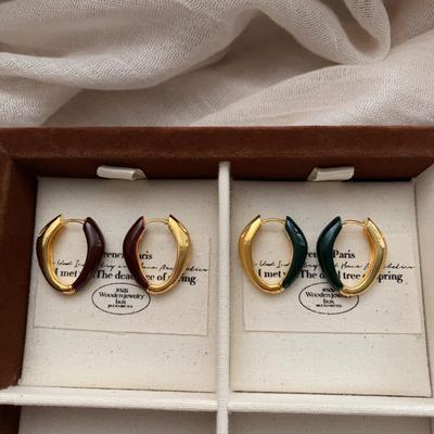 Retro Contrast Color Drip Oval Ear Buckle Earrings Geometric Splicing Simple Premium Retro Temperament Earrings Women