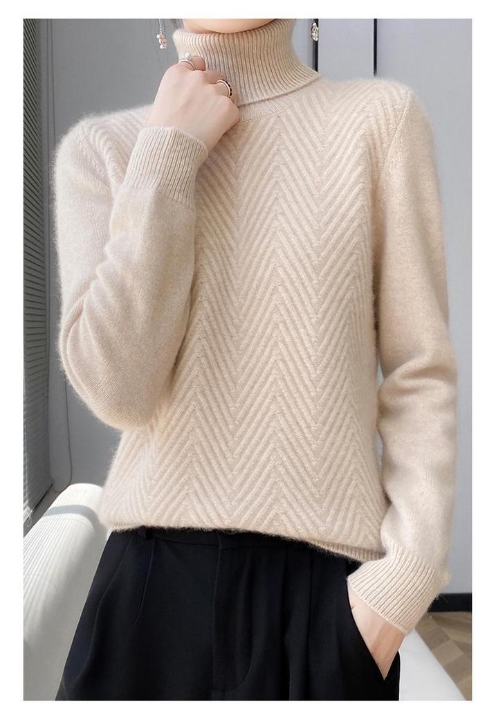 Women's High Collar Solid Color Loose Slimming Knit Pullover – 100% Pure Wool Base Layer Top for Autumn and Winter