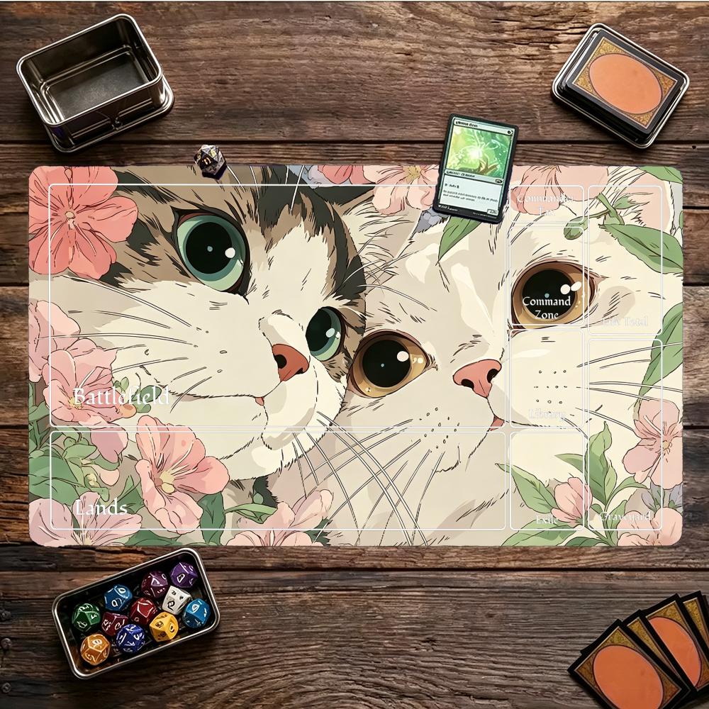 Cartoon Two Cats Floral Pattern Gaming Mouse Pad Playmat 24x14 Mtg Tcg Office Desk Mat For Work Game Pc Laptop Carpet Mousepad