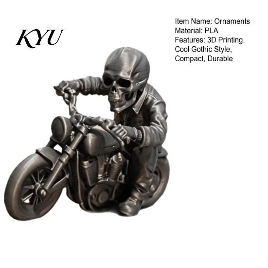 Distressed Style Collectible 3D Printed Skull Motorcycle Rider Statue, Cool Gothic Biker Skeleton Statue Figurine, Motorbike Sculpture Desktop