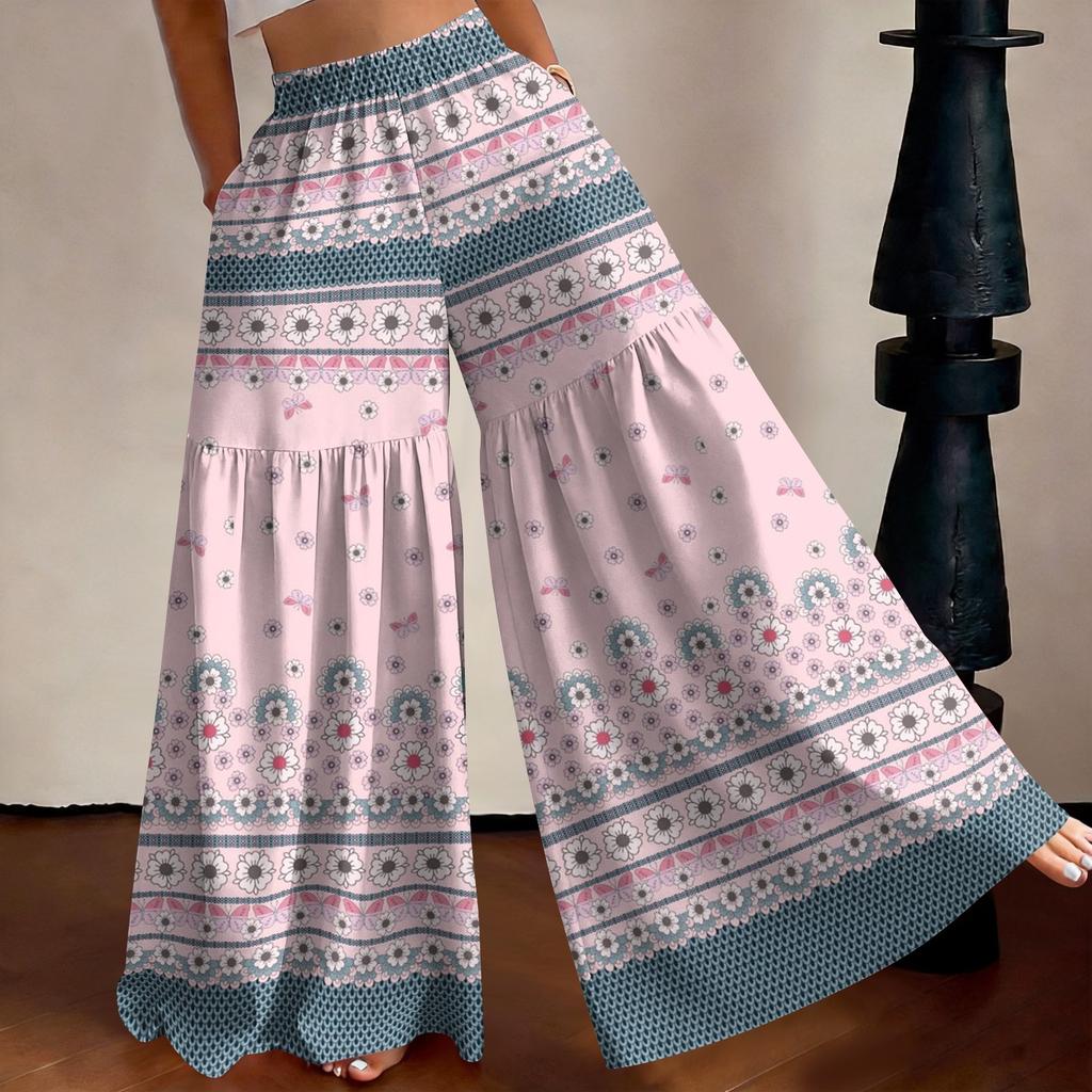 Women's High Waist Wide Leg Pants Loose Fit Lightweight Breathable Floral Print Casual Palazzo Trousers for Summer