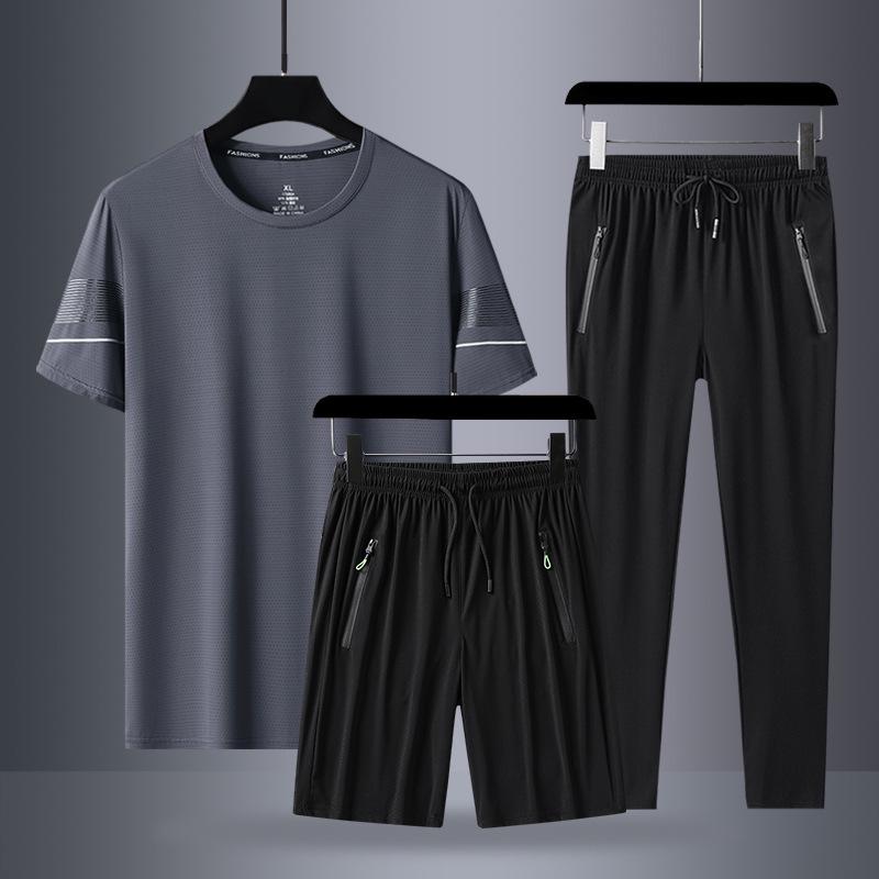 Ice Silk Men's Summer Three-Piece Sports Suit - Short-Sleeved Shirt & Trousers for All Ages