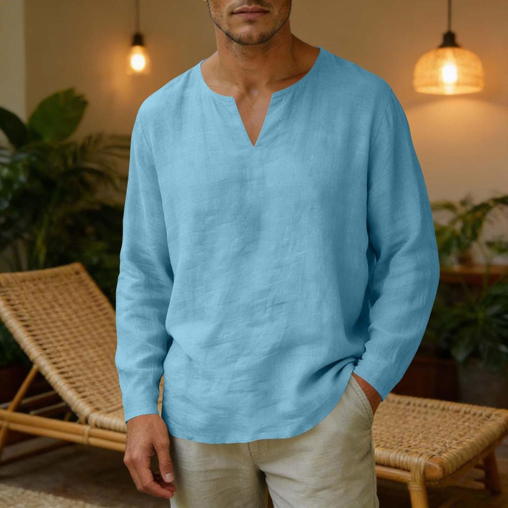Men's Linen V-Neck T-Shirt Loose Fit Casual Summer Top