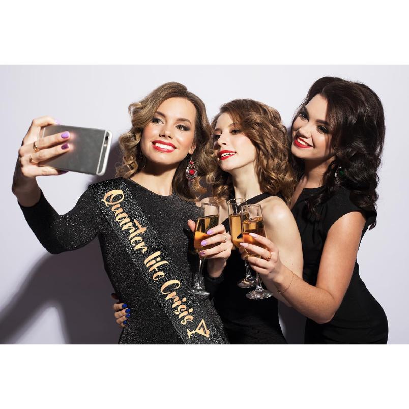 PartyForever 25th Birthday Sash Decorations for Her Quarter Life Crisis Sash Made of Black Glitter Fabric with Rose Gold Letters for Women