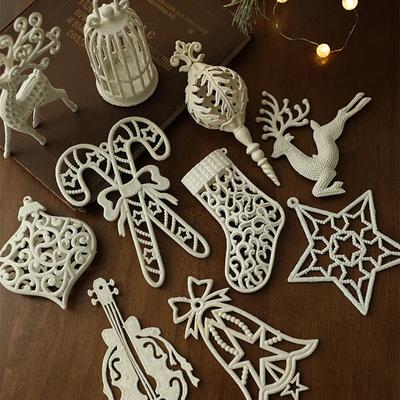 White Plastic Christmas Ornaments Glitter Deer Star Bell Xmas Tree Decorations Hanging Pendants for Home Christmas Decor