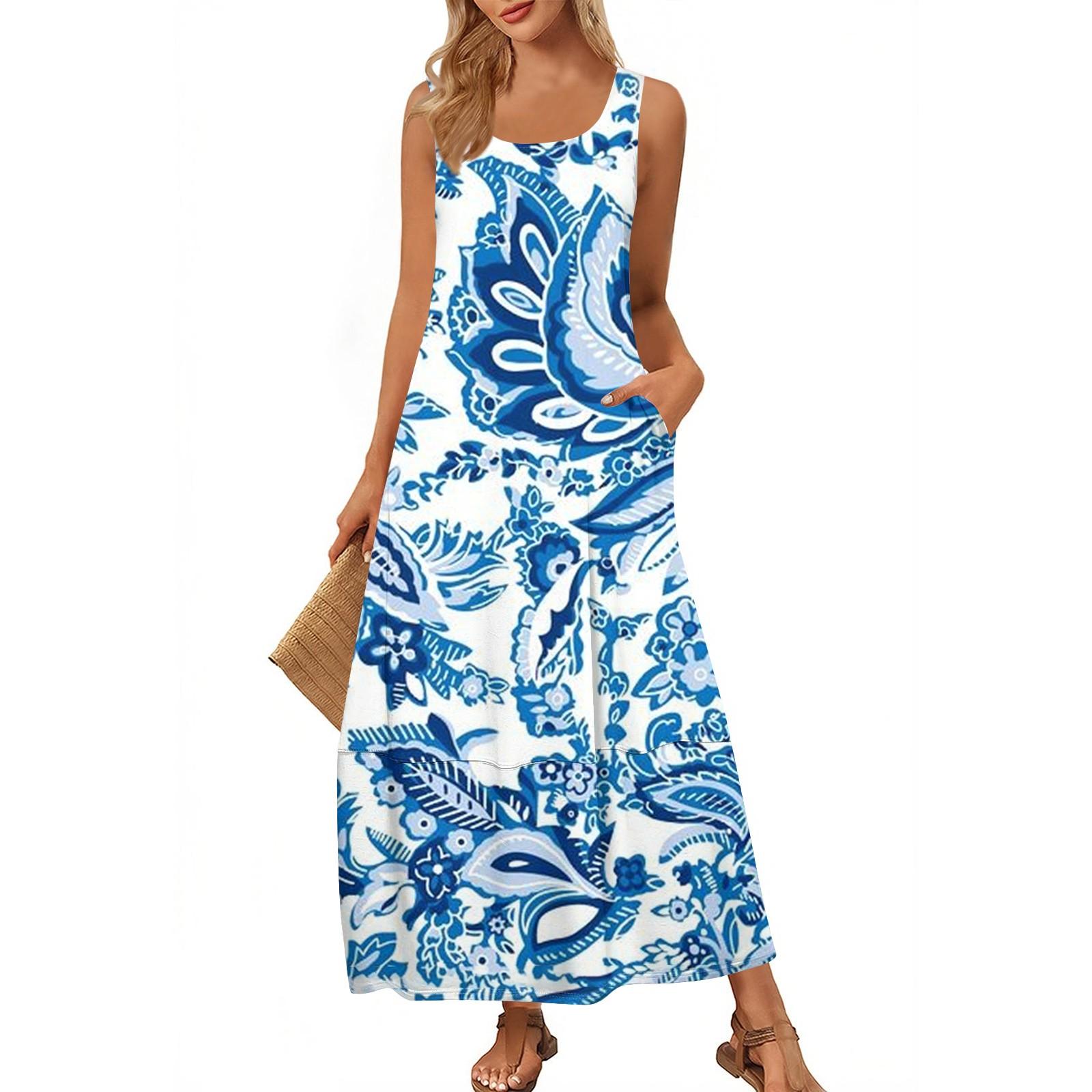 

Женская модная повседневная макси-юбка, летняя пляжная юбка с круглым вырезом, без рукавов, свободный сарафан с винтажным принтом XXL