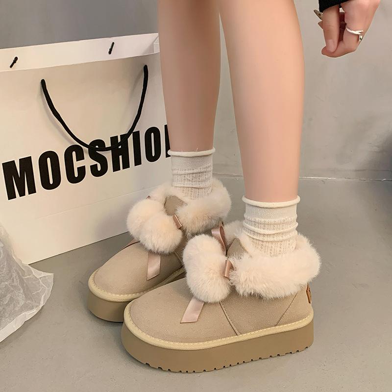 Women's Lightweight Increased Height Thick Sole Winter Warm Fur Integral Snow Boots Plush Lined Non-Slip Casual Sports Cotton Boots Sneakers Fur Shoes