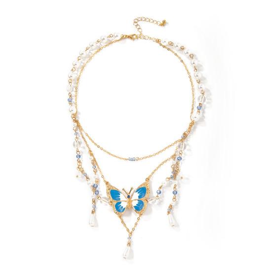 Women Necklace Multi Layer Chain Imitation Pearls Decor Butterflies Charm Choker Necklace Adjustable Length Neck Jewelry