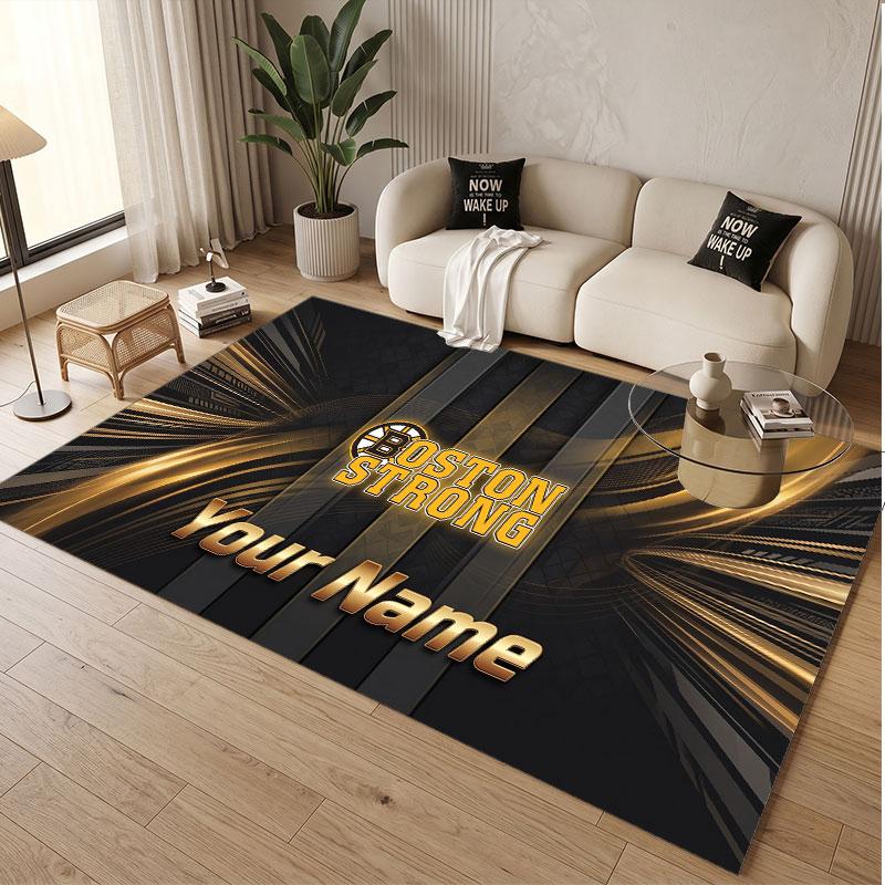Custom Rug Boston Bruins Pattern Print Name Text Soft Non‑Slip Floor Carpet for Home Indoor Decoration