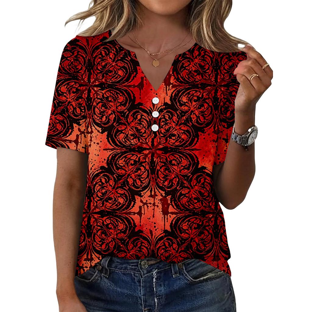 Women's Casual Short Sleeve V Neck Henley Shirt Button Front Halloween Print Lightweight Top for Everyday Wear