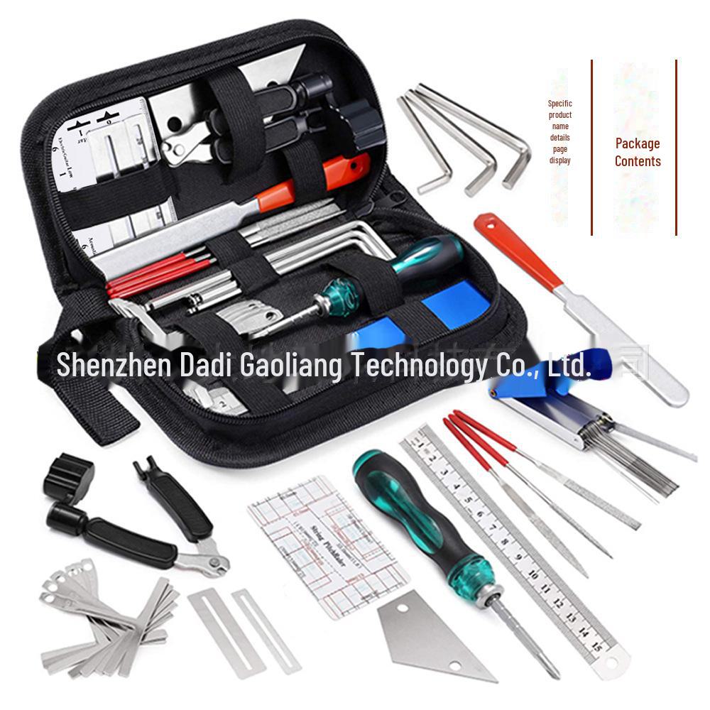 Kit de reparare chitara din 25 de piese: Include instrument de schimbare a corzilor, cheie, dosar de șlefuit, riglă de măsurare, înfășurator de șiruri, riglă de nivelare.