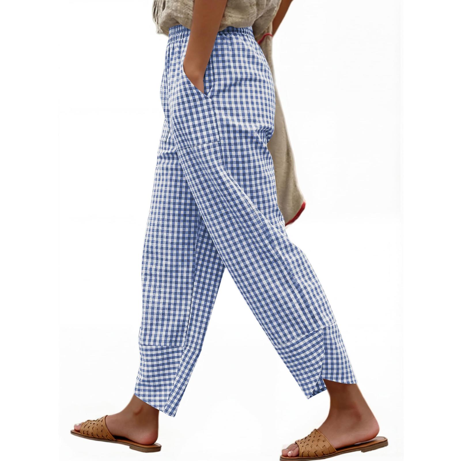 Women s Fashion Loose Pleated Elastic Waist Pocket Checkered Casual /10 Pants L