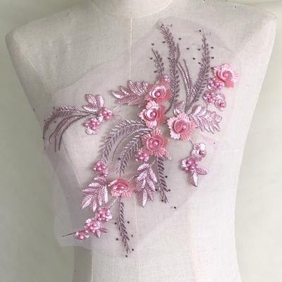 Pegatinas de tela con cuentas para vestido, ropa de baile, tela de malla bordada, decoración, parche, accesorios, flores tridimensionales, diamantes de imitación, encaje, boda