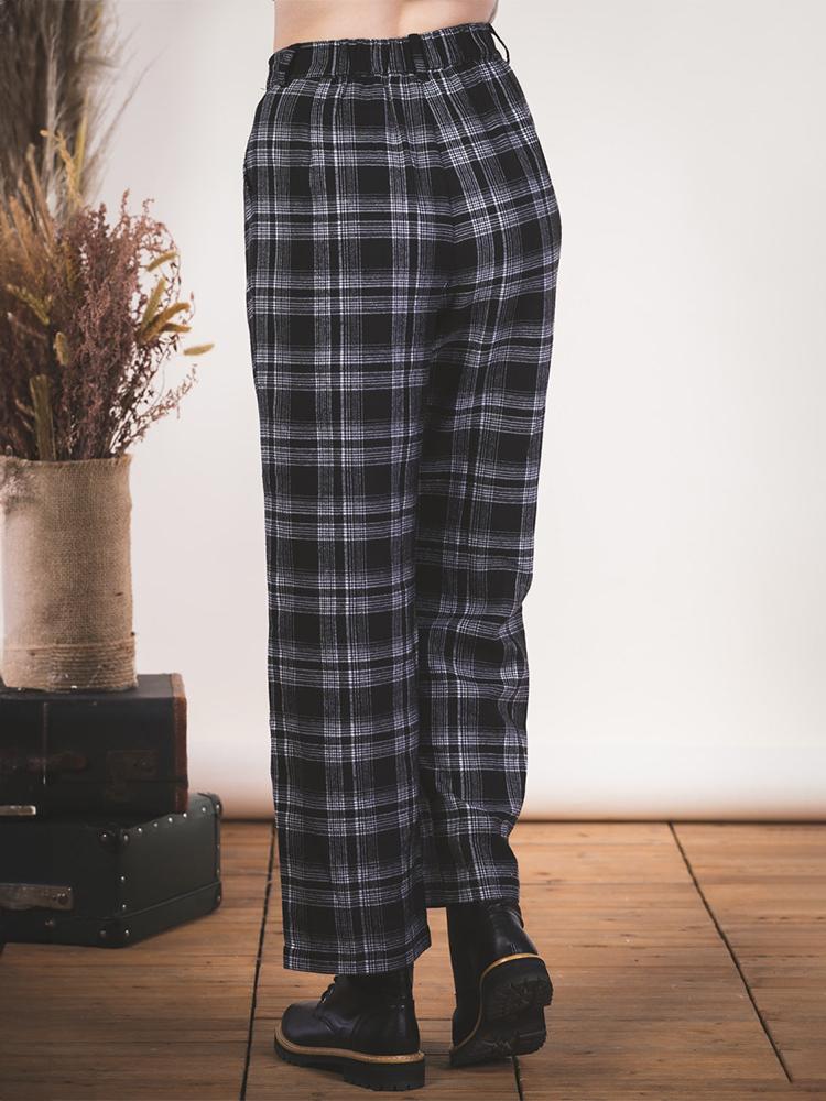 NEWIN High-Waisted Button-Up Straight Check Pants