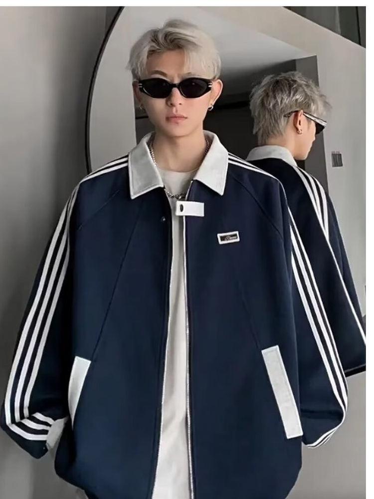 American Splicing Sports Jacket Men's Autumn Heavy Trendy Brand Versatile Couple Jacket High Street Ruffian Striped Baseball Jersey